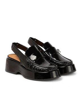 New! GANNI Slingback Crinkle Patent Leather Loafers Black 38 8 US DD464A